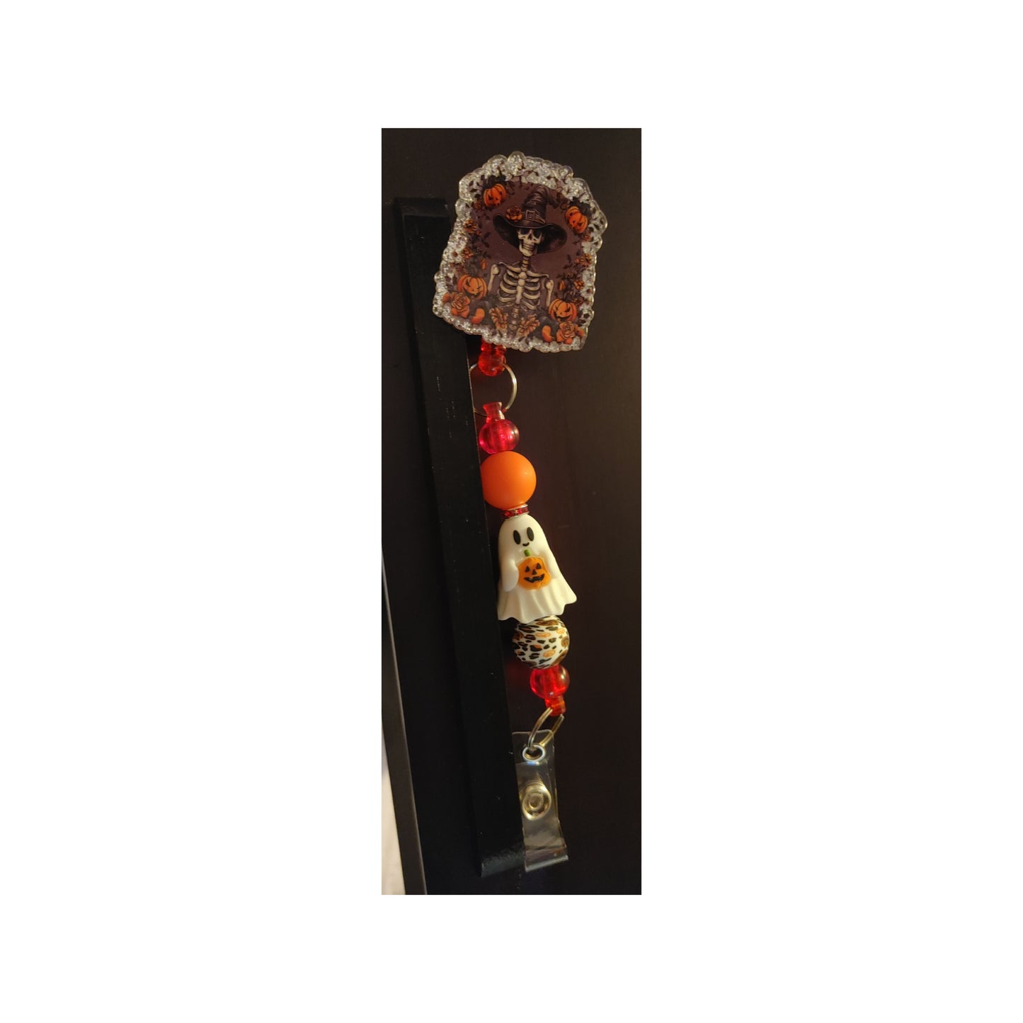 #126 Witchy Skeleton Acrylic Retractable Beaded Badge Reels