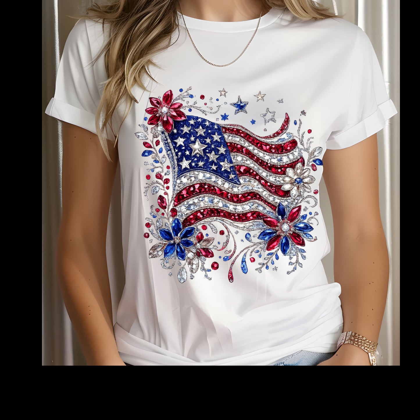 Rhinestone Effect 4th of July American Flag T-Shirt