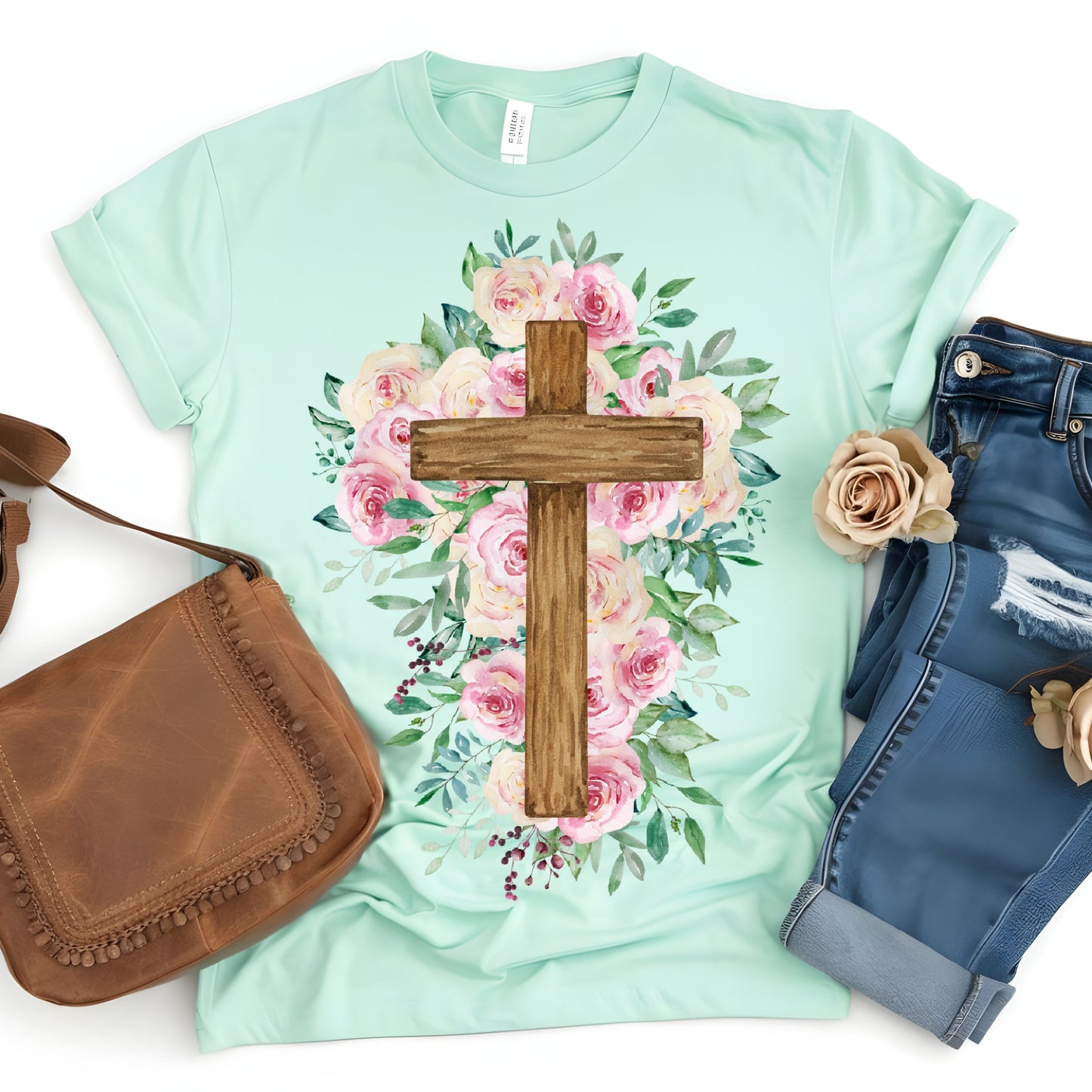 WOODEN CROSS W/FLOWERS (DTF Transfer)