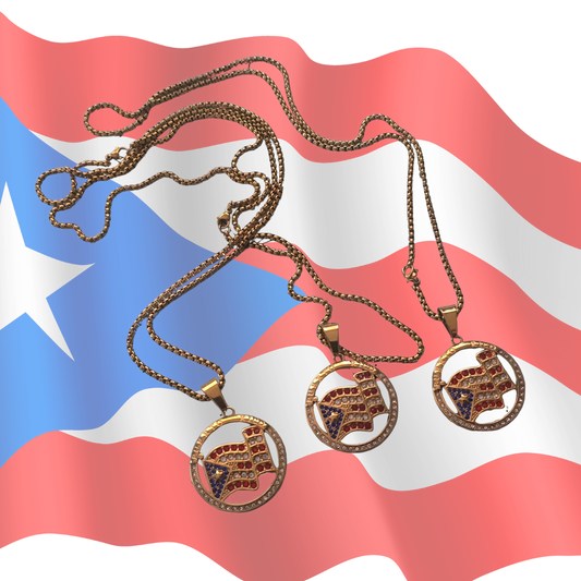 Puerto Rico Flag Round Pendant with red and blue stones with chain