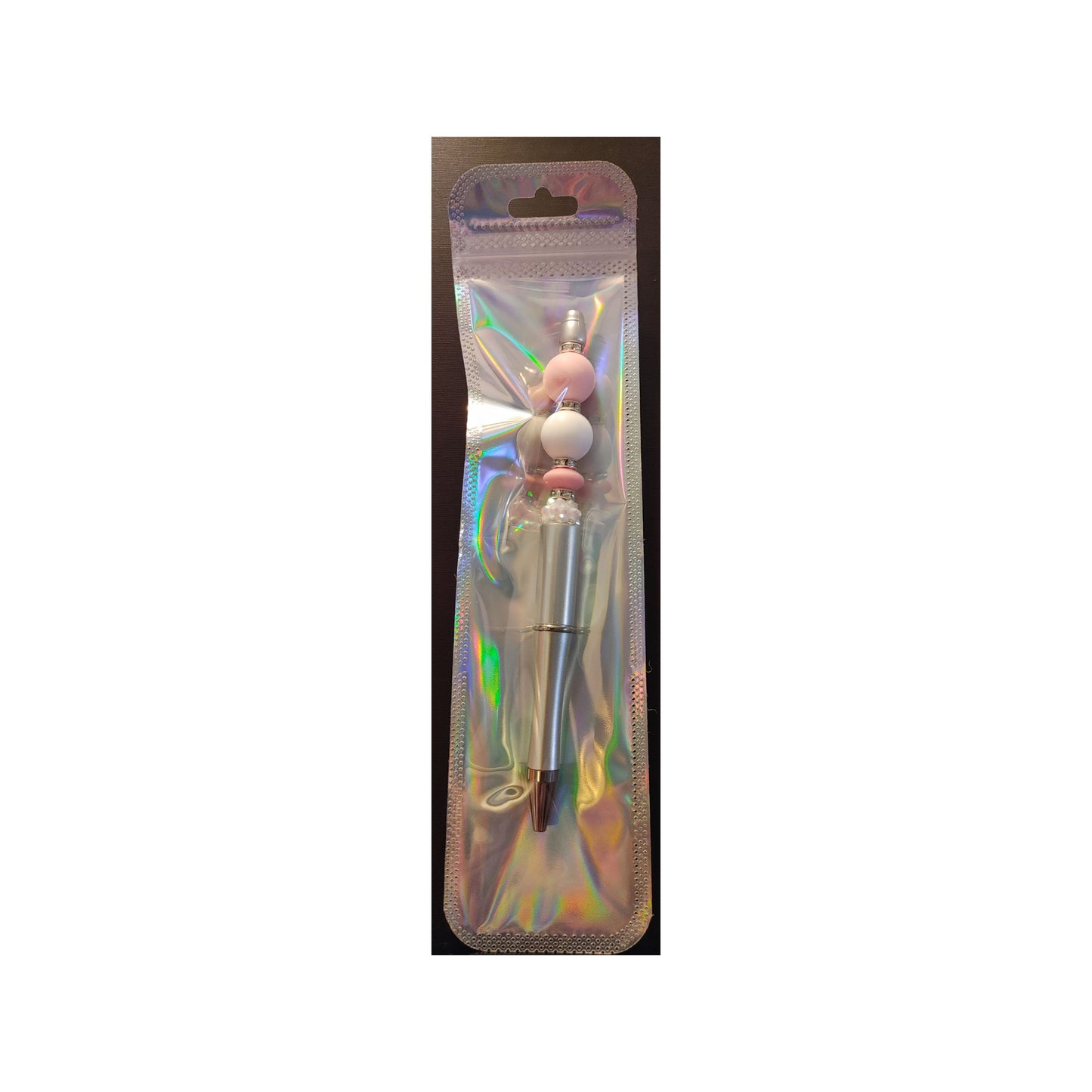 #54 Pink and White Beads on Silver Beaded Pen