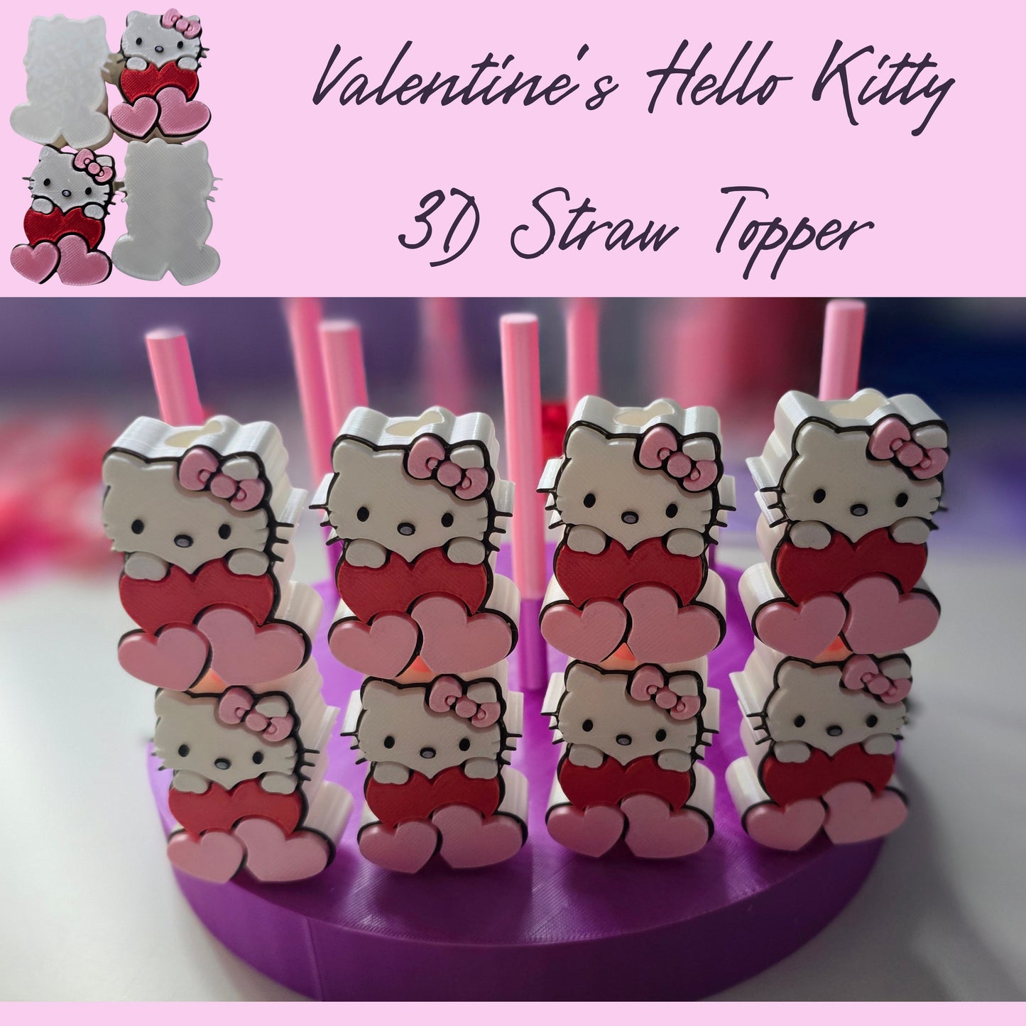 Hello Kitty Valentines 3D Straw topper