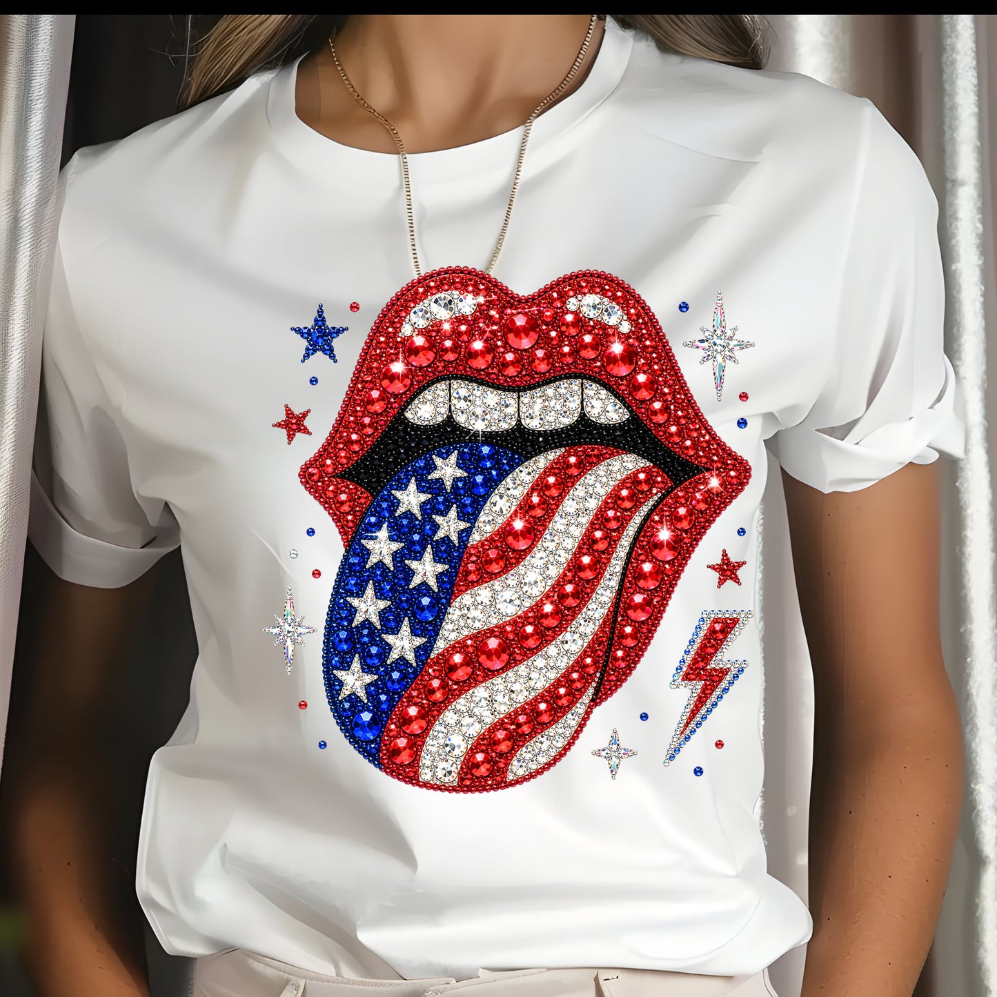 Rhinestone Effect Lips & Tongue 4th of July T-Shirt