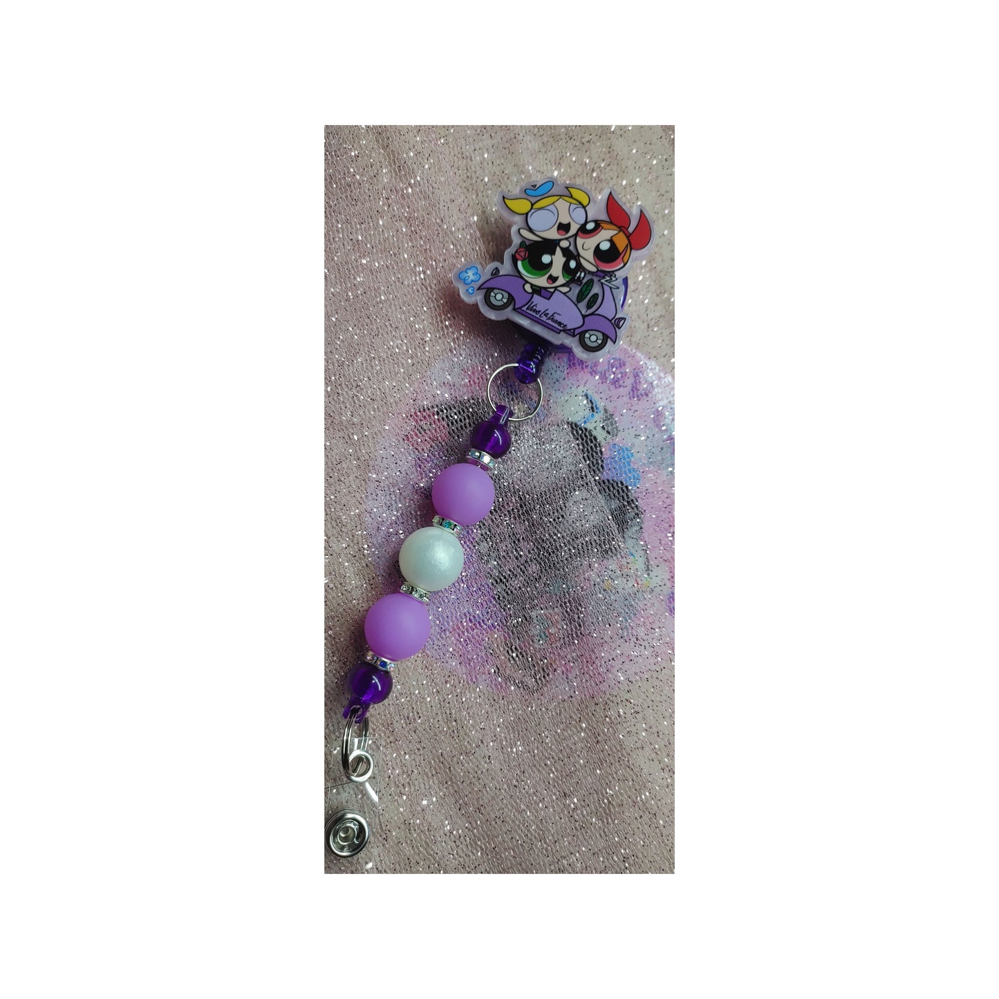 #81 Power Puff Acrylic Retractable Beaded Badge Reels
