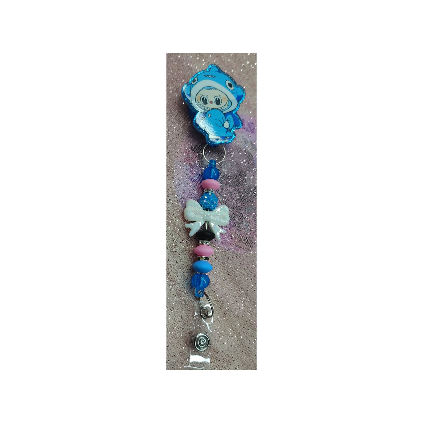 #91 Blue Labubu Shark Acrylic Retractable Beaded Badge Reels