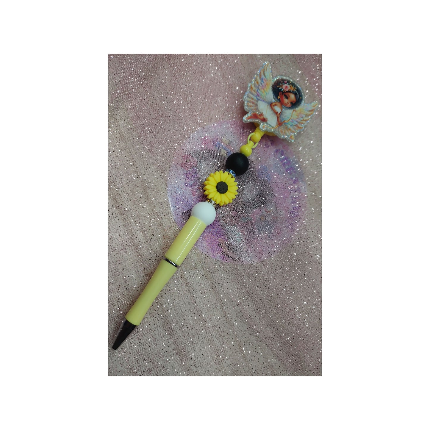 #96 Bronze Cupid Angel Yellow Acrylic Retractable Pen Beaded Badge Reels