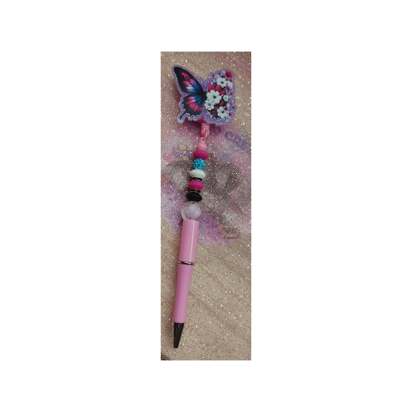 #98 Flower Butterfly Pink Acrylic Retractable Pen Beaded Badge Reels