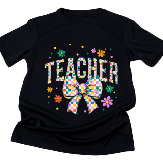 DTF 105 TEACHER COLORFUL CHECKERED BOW