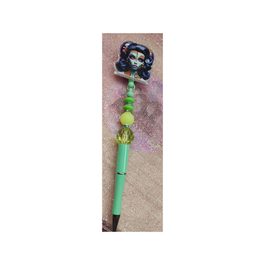 #100 Zombie Women Green Pen Acrylic Retractable Pen Beaded Badge Reels