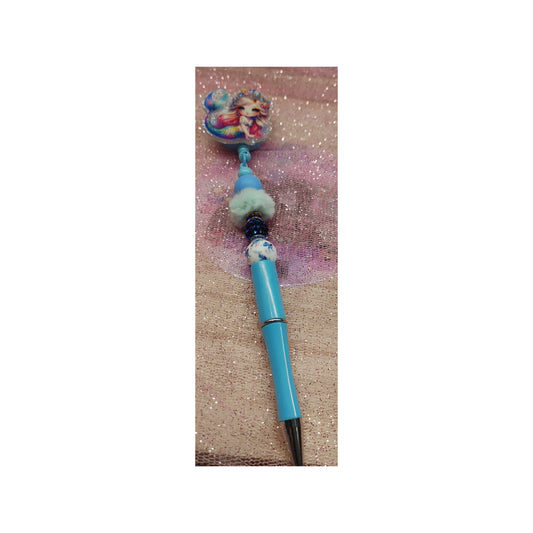 #101 Glittery Cute Mermaid light blue pen Acrylic Retractable Pen Beaded Badge Reels
