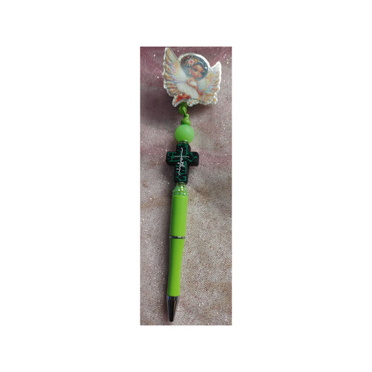 #103 Bronze Cute Cupid Green  pen Acrylic Retractable Pen Beaded Badge Reels