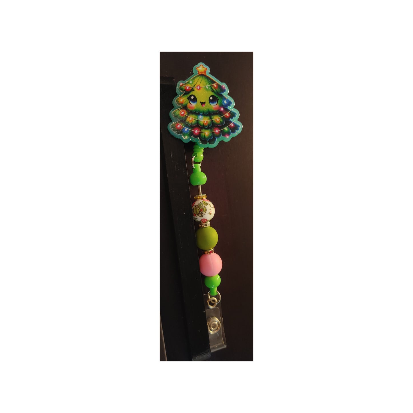 #128 Cute Christmas Tree Acrylic Retractable Beaded Badge Reels
