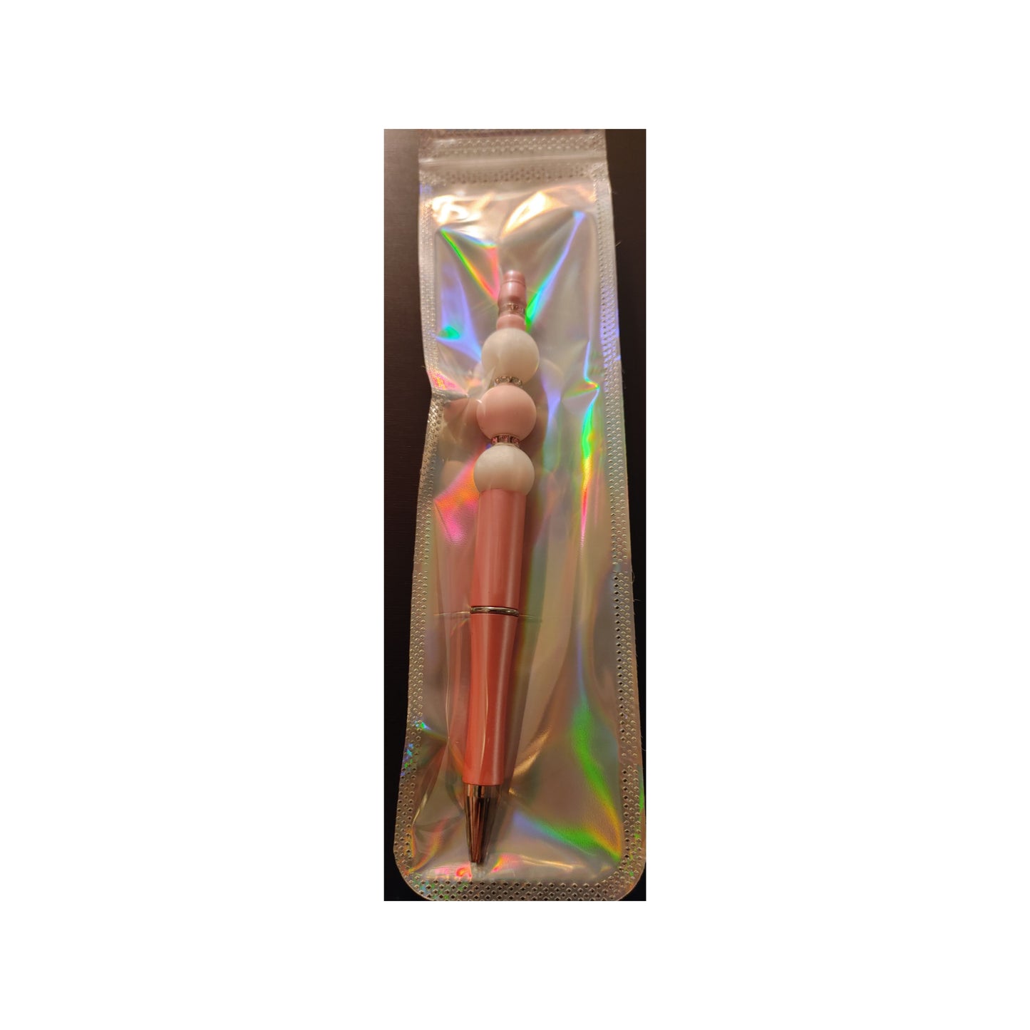 #13 Pink w/marbled white Beads Pink Beaded Pen