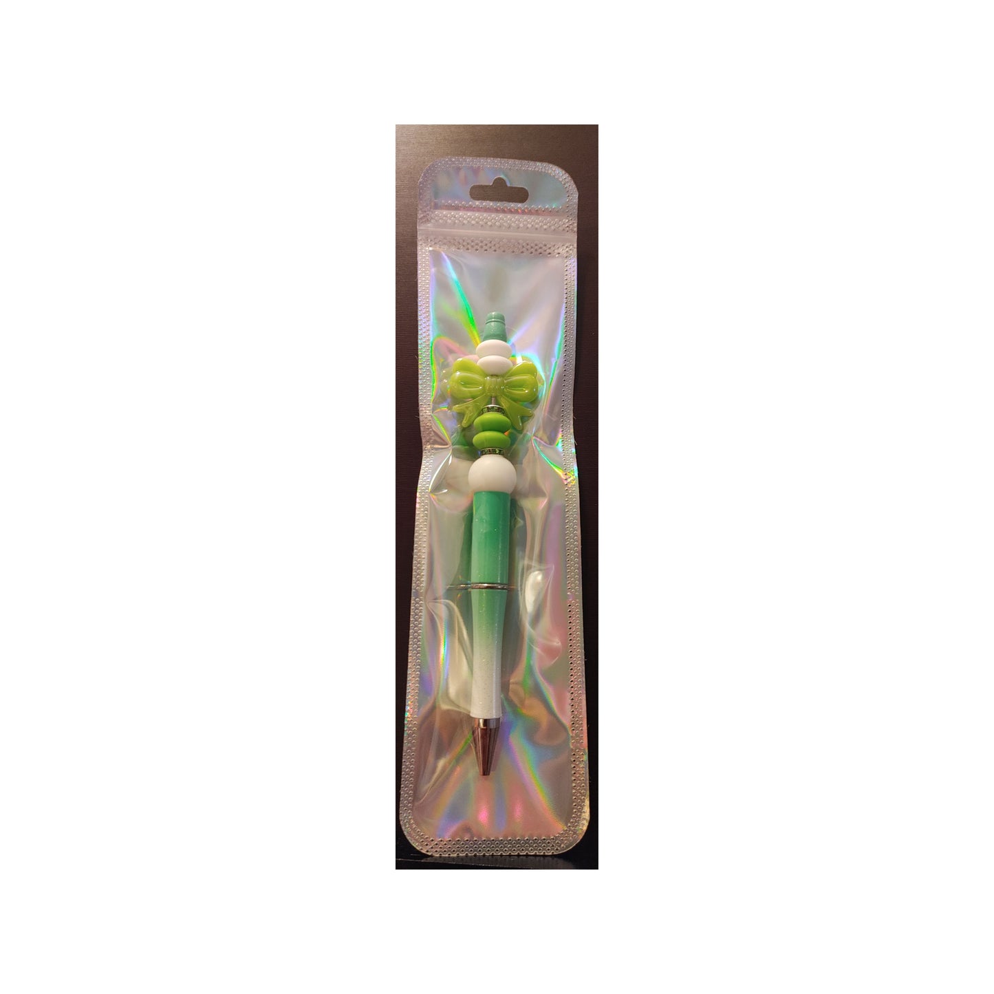 #14 Green Bow Green and White Glittered Beaded Pen