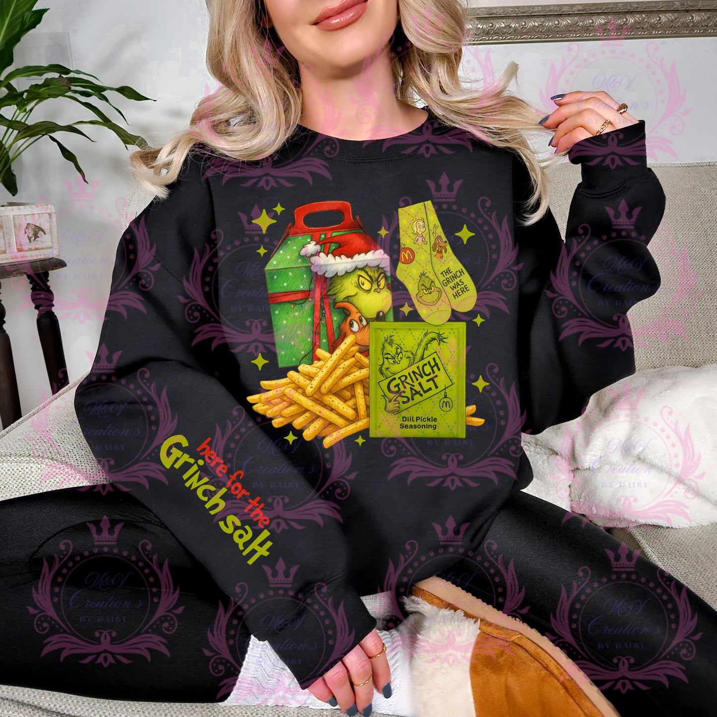 HERE FOR THE FRIES GRINCH W/SLEEVE   (DTF Transfer ONLY )