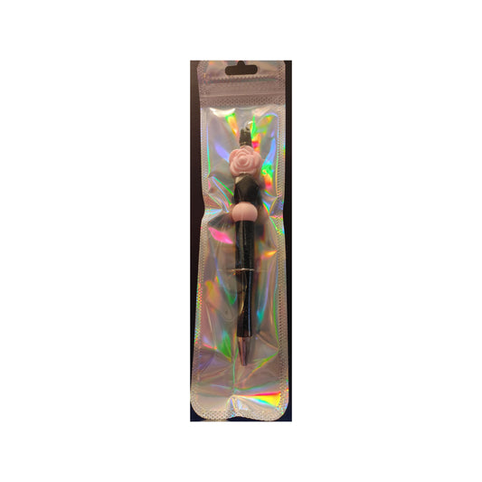 #37 Pink and Black On Glittered Black Beaded Pen