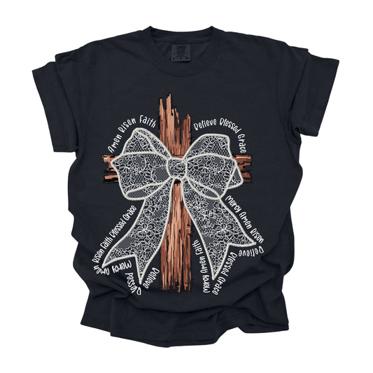 #325 Cross Lace Bow white or black lace   DTF Transfer