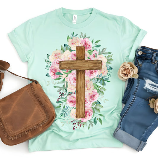 WOODEN CROSS W/FLOWERS (DTF Transfer)