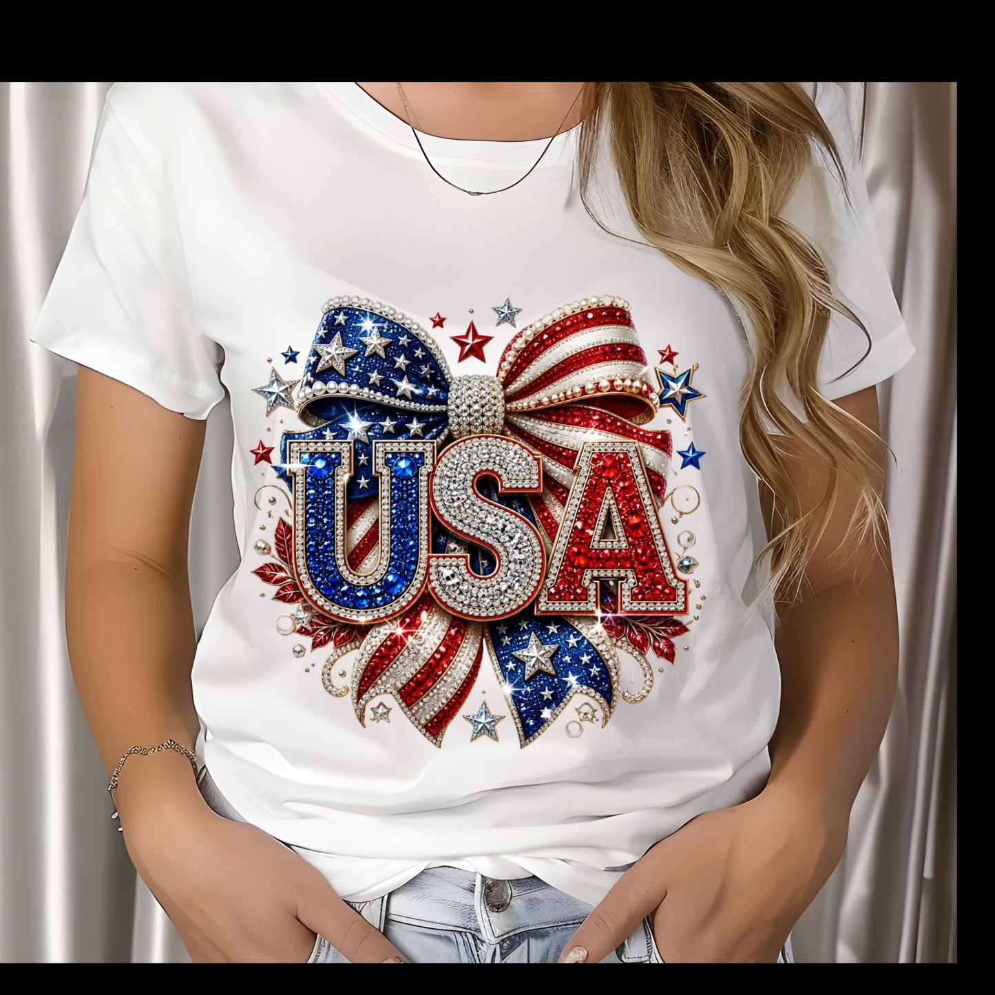 USA Rhinestone Effect Bow 4th of July T-Shirt
