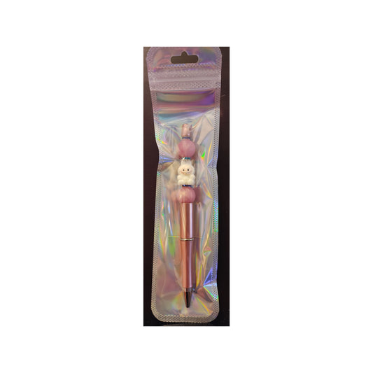 #61 White Mini Labubu On Pearl Pink Beaded Pen