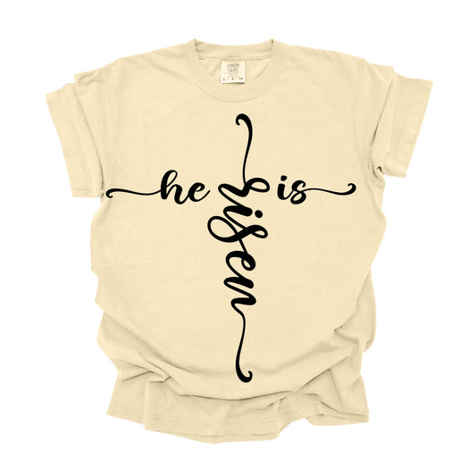 He-is-Risen-Cross-Shape wording white and black  (DTF Transfer )