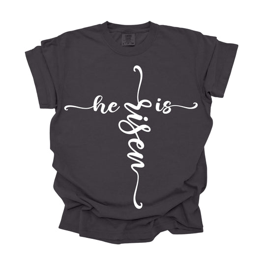 He-is-Risen-Cross-Shape wording white and black  (DTF Transfer )