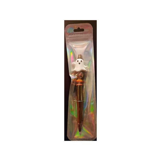 #7 Ghost on Brown Glittered Beaded Pen