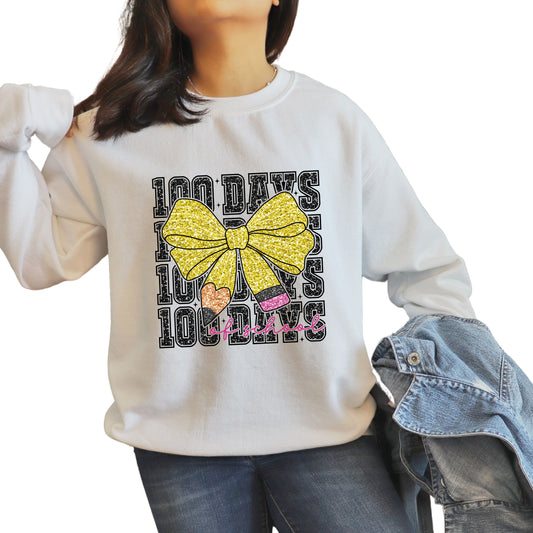 #221  Gold Glitter Bow 100-Days-of-School   DTF TRANSFER