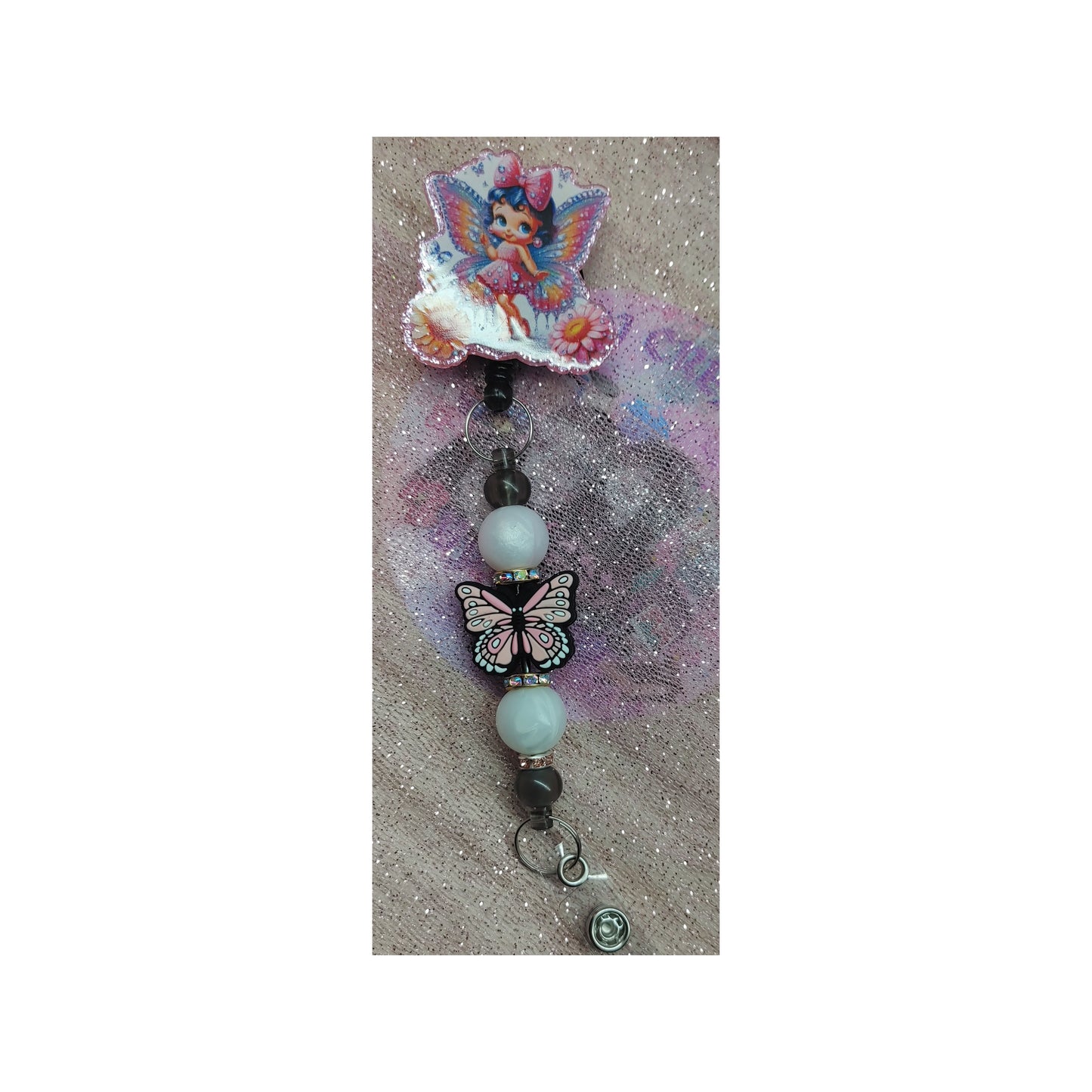 #93 Betty Boop Butterfly Acrylic Retractable Beaded Badge Reels