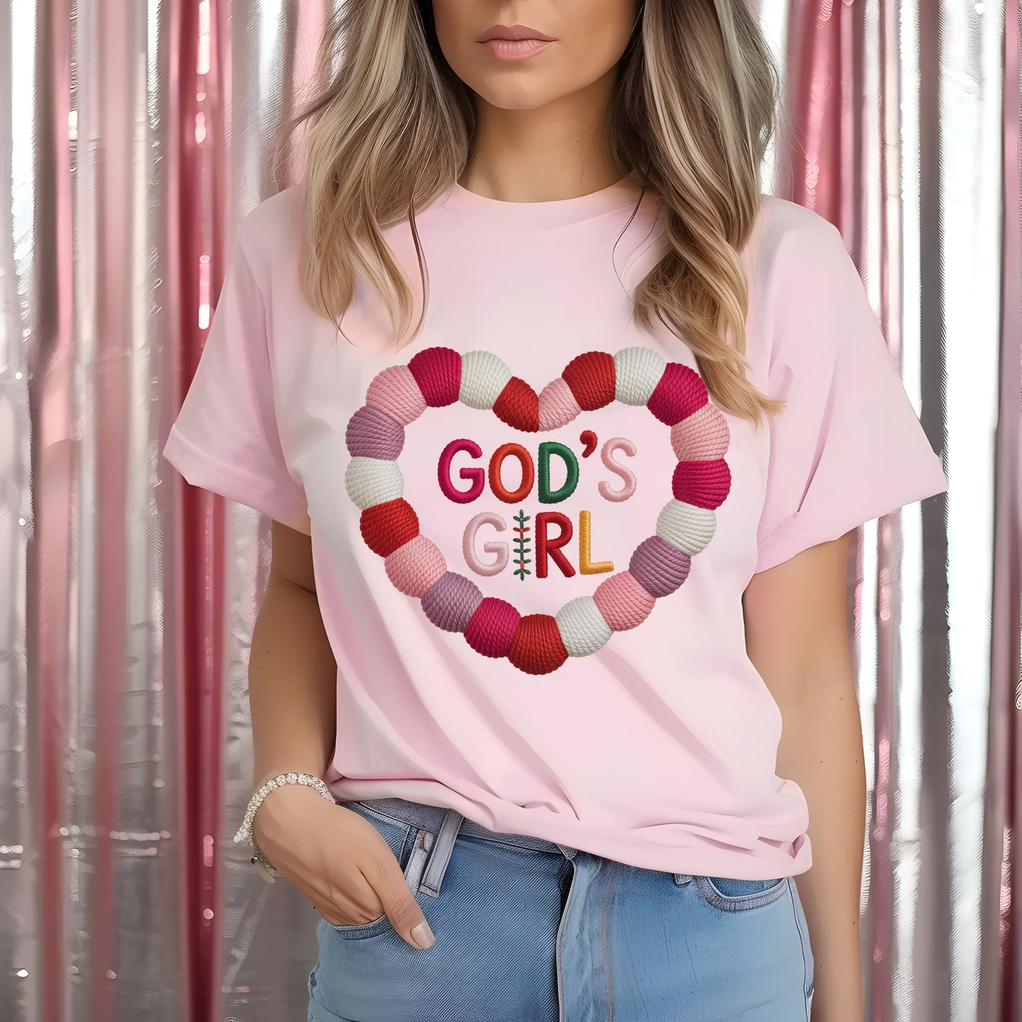 Faux Knitted God's Girl Heart   DTF Transfer ONLY