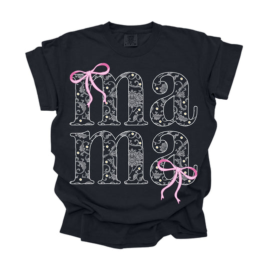 Mama white lace with pink bows (DTF Transfer )