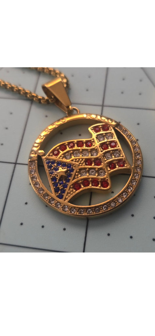 Puerto Rico Flag Round Pendant with red and blue stones with chain