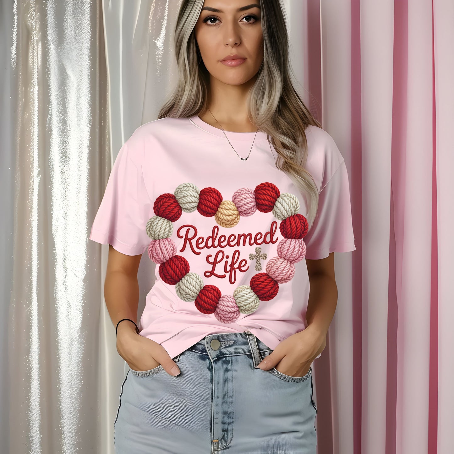 Faux Knitted Redeemed Life Heart    DTF Transfer ONLY